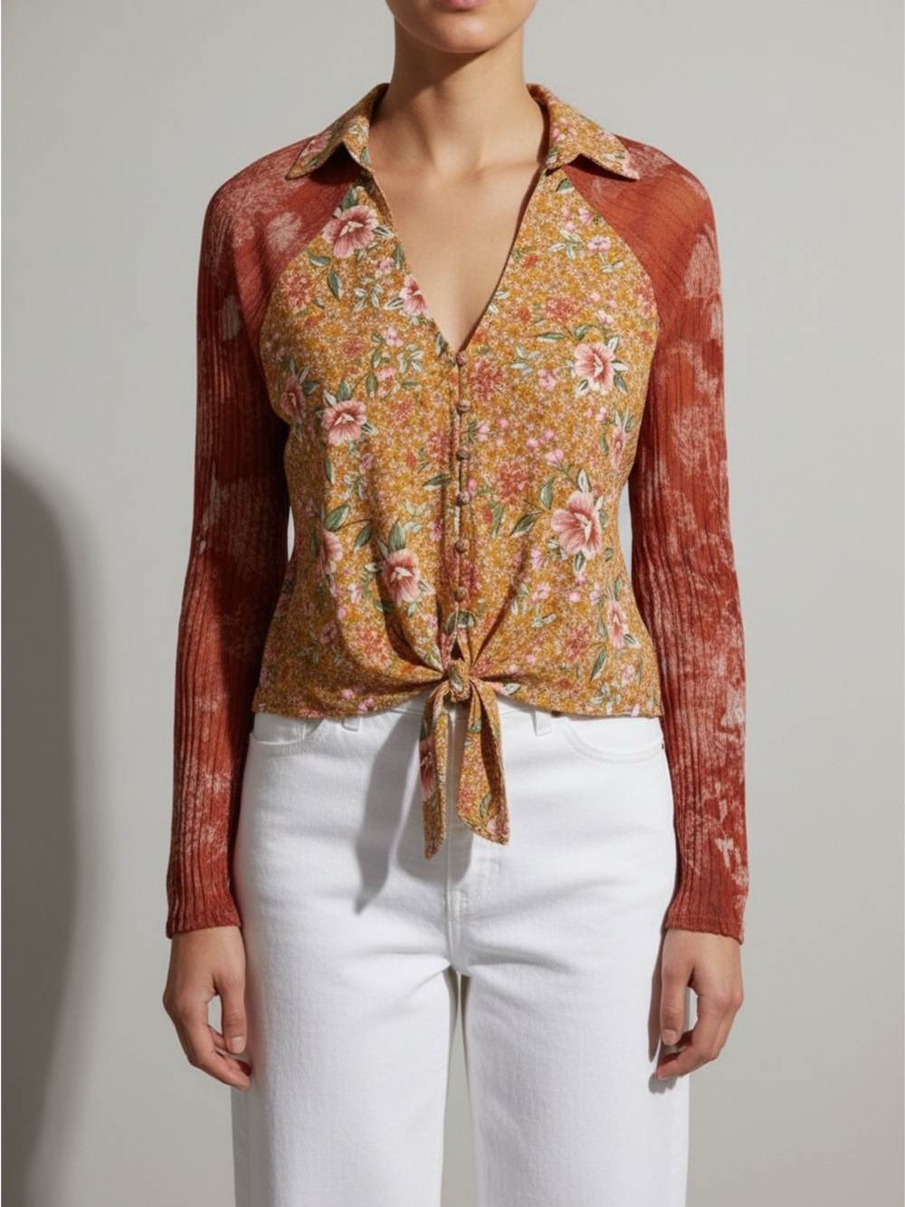 Floral Tie-Front Long-Sleeve Top in Rust and Mustard
